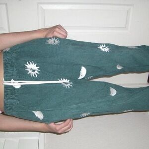 Green Corduroy Pants with sun and moon Print